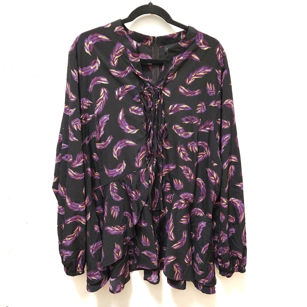 Lane Bryant Painted Feather Lace Up Blouse Black, Purple & Gold, 28